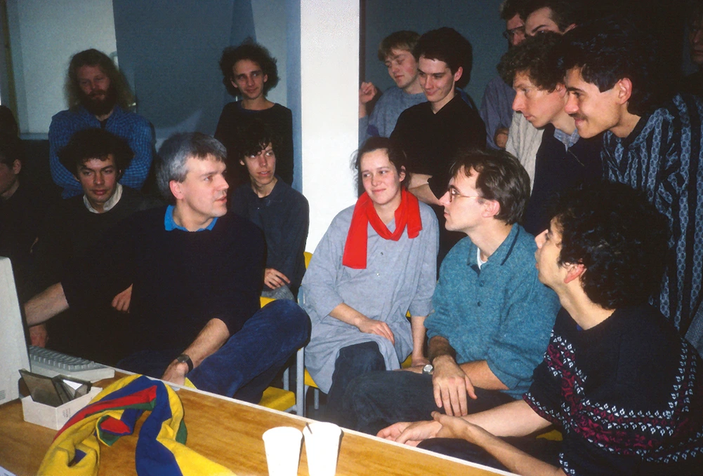 Gerard Unger at his house in Bussum, the Netherlands, talking to young type designers. © Chris Vermaas.