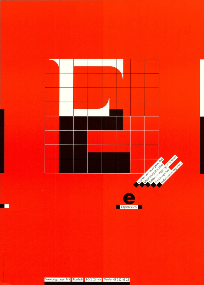 Poster for typesetting firm Englersatz AG. A black and white letter E on a red background