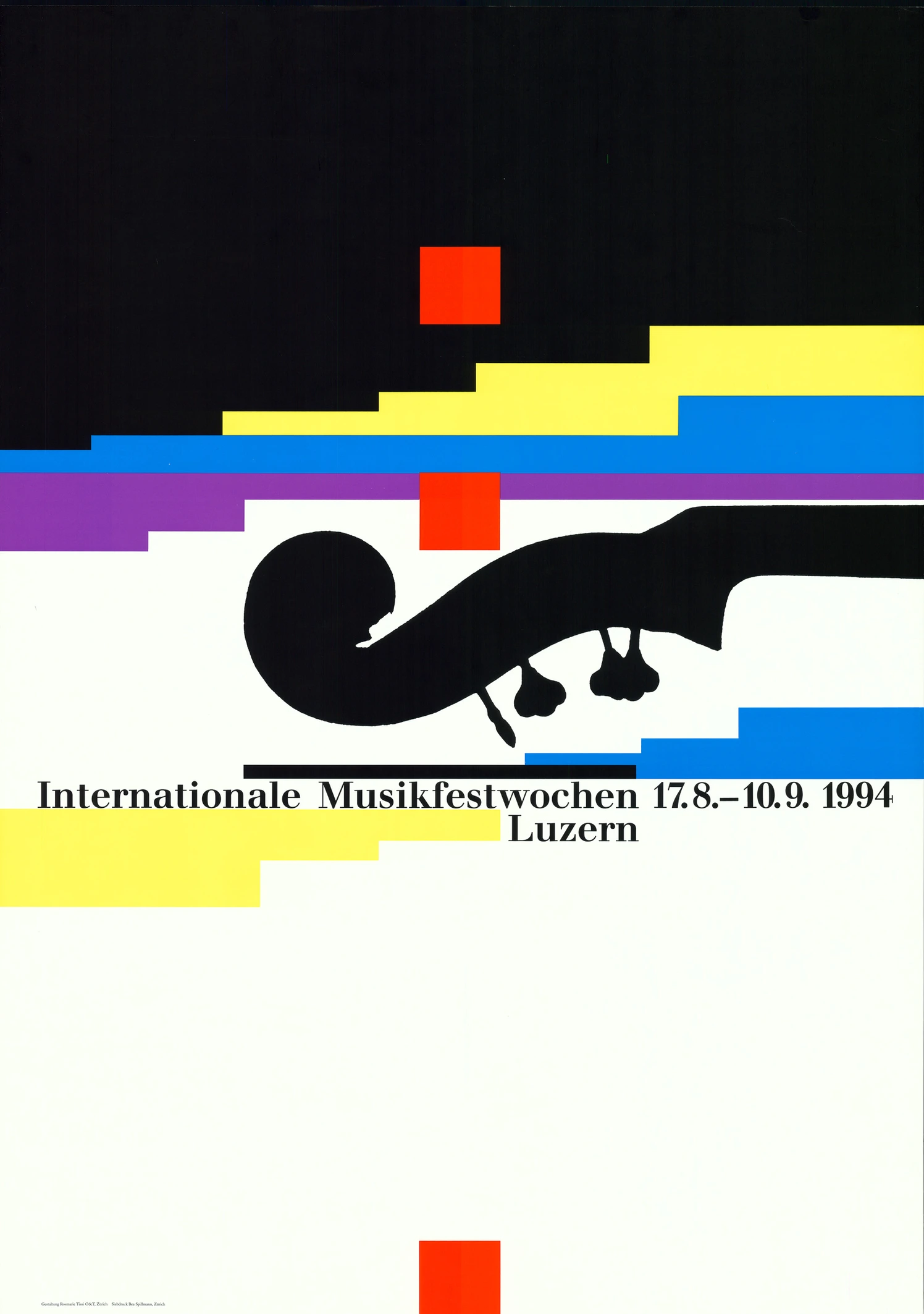 Poster for the International Musik Festival in Lucerne. Violin pegbox with pixelated stains of color