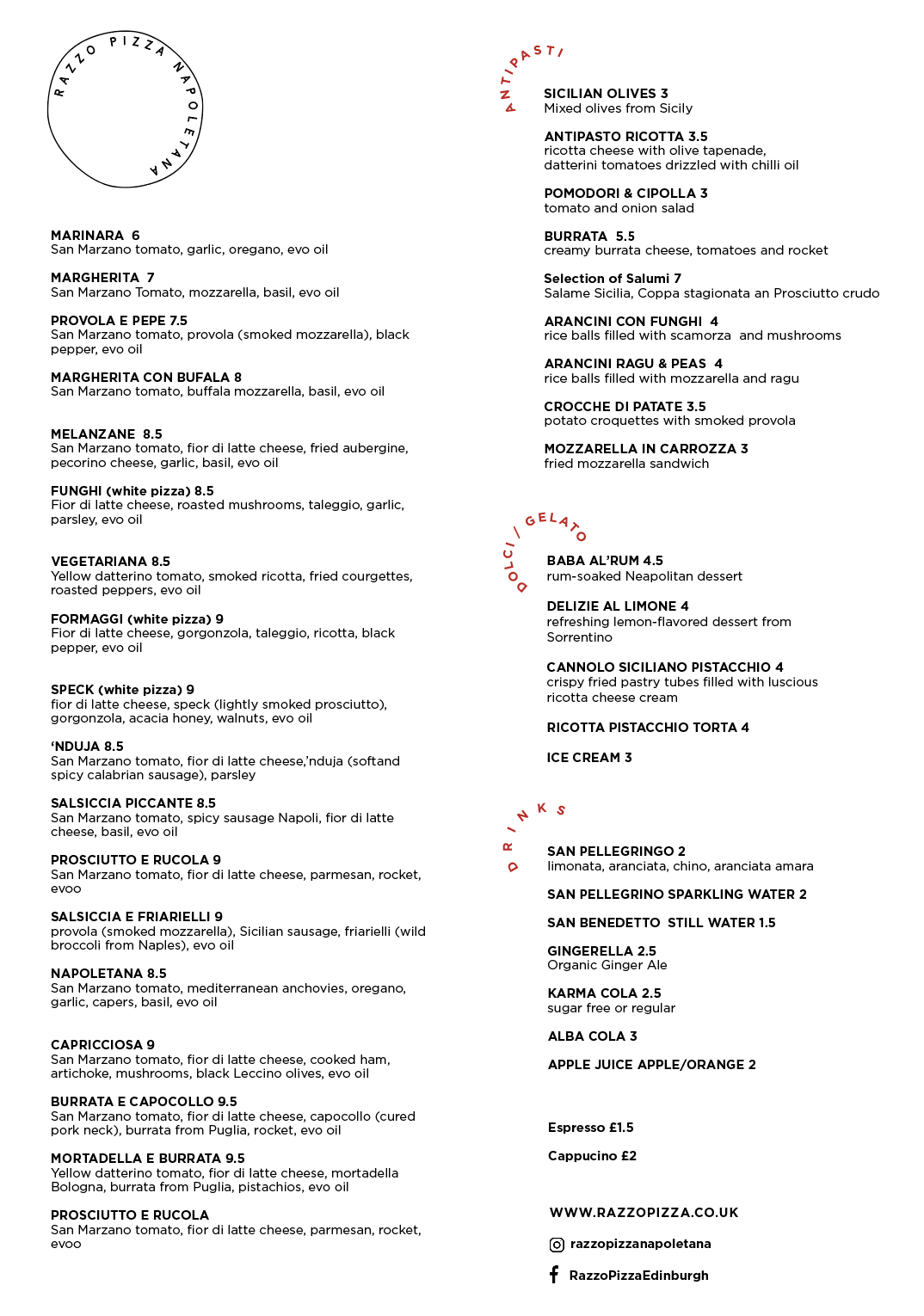 RAZZO PIZZA — menu