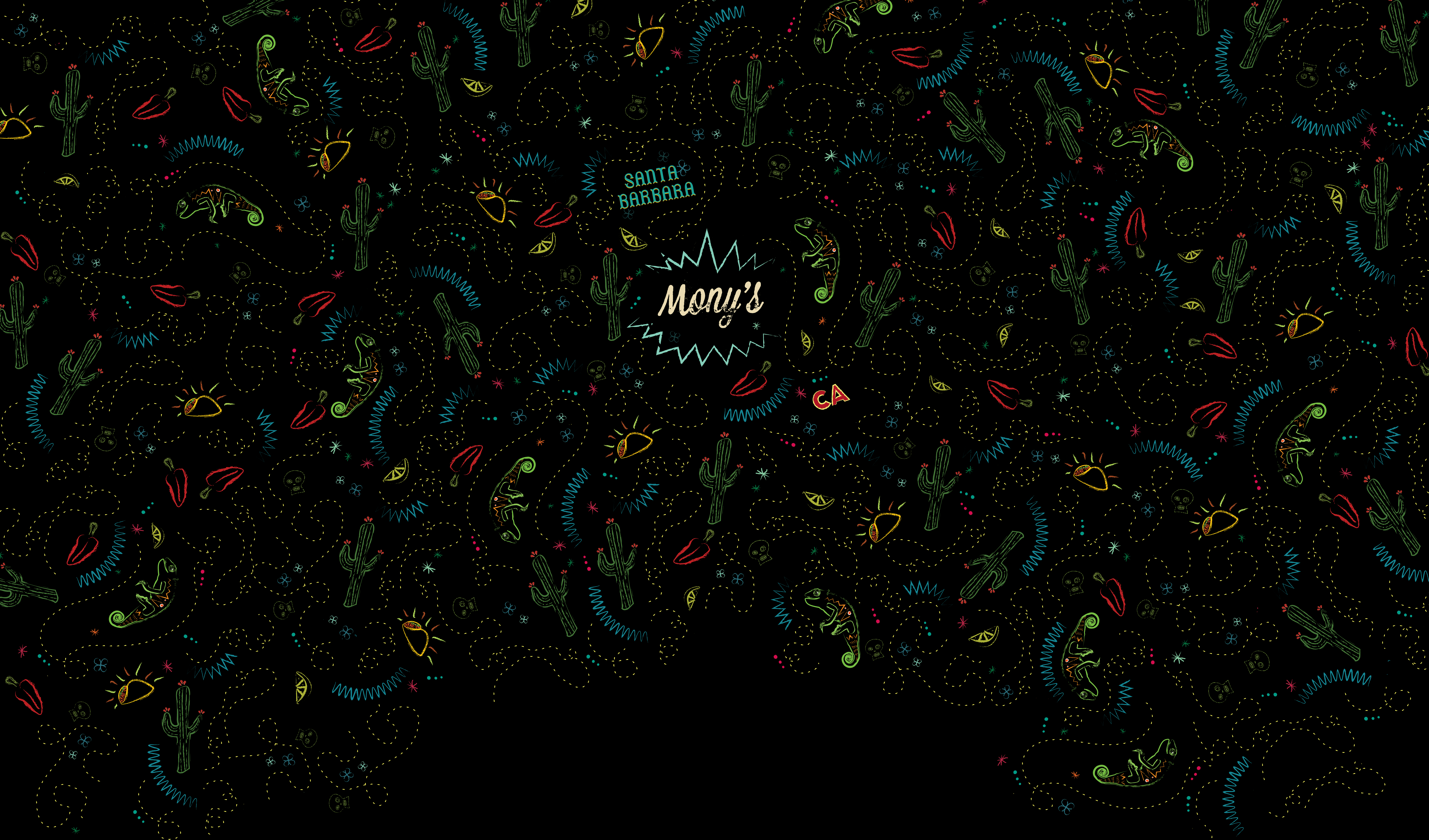 Background Illustration full of tacos, peppers, limes, cacti, and iguanas