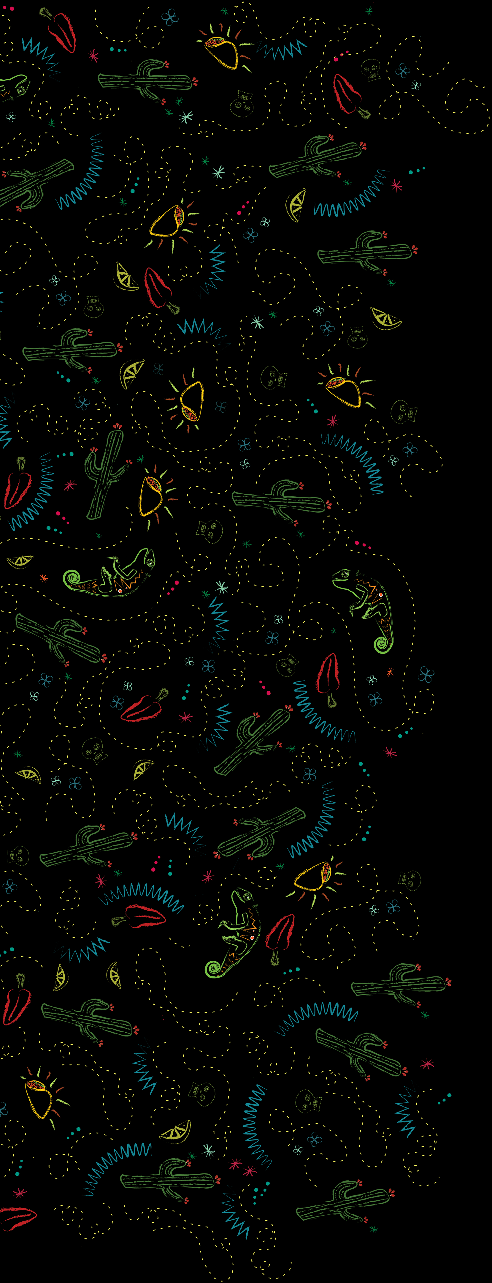 Background Illustration full of tacos, peppers, limes, cacti, and iguanas