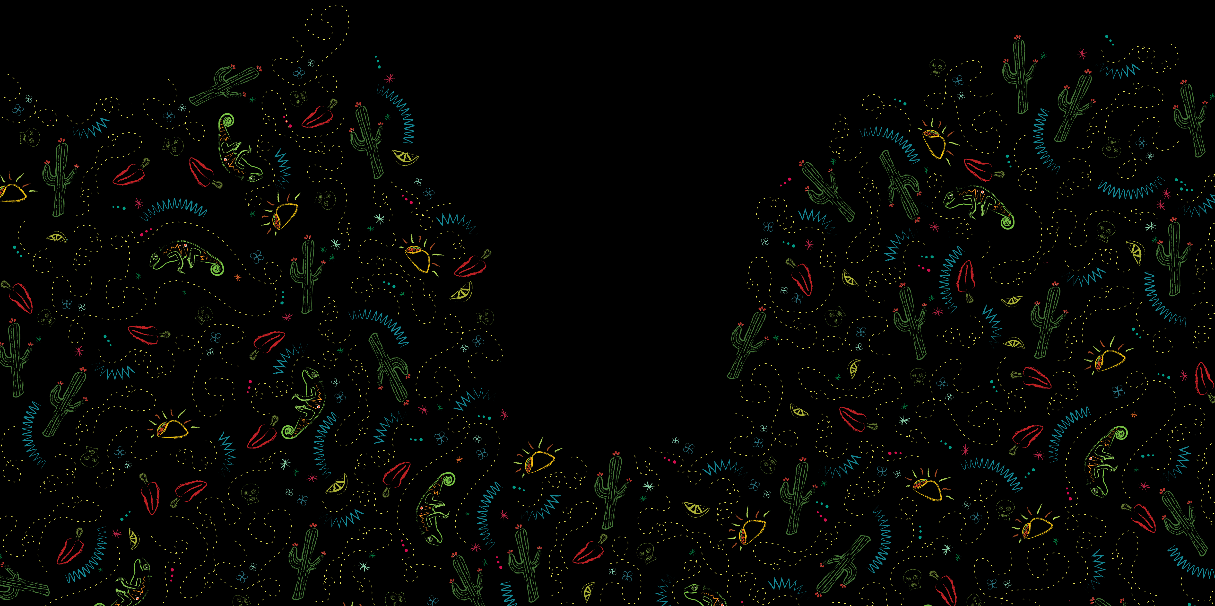 Background Illustration full of tacos, peppers, limes, cacti, and iguanas