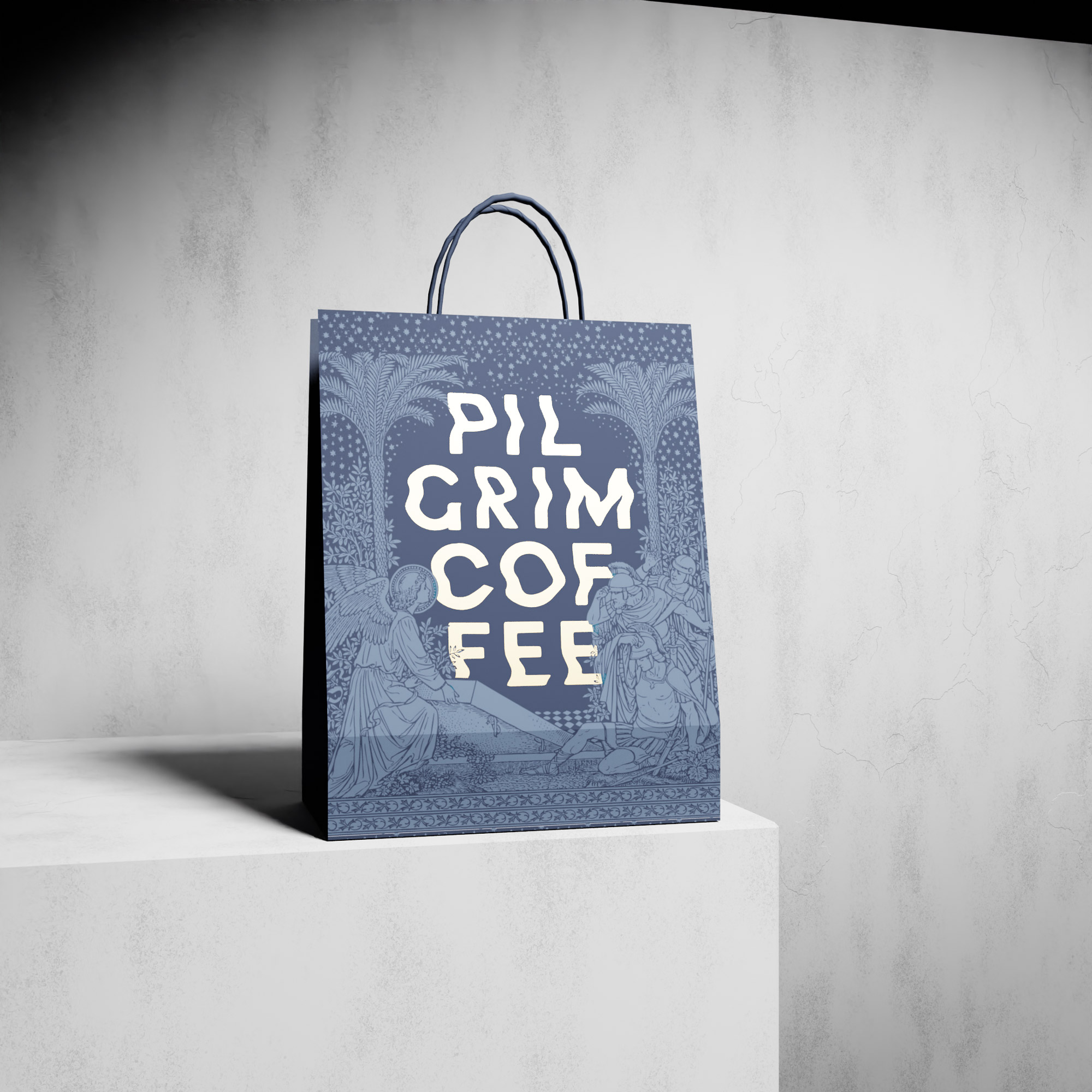 Paper carry bag displaying gold foil words 'PILGRIM COFFEE' surrounded by blue biblical illustration