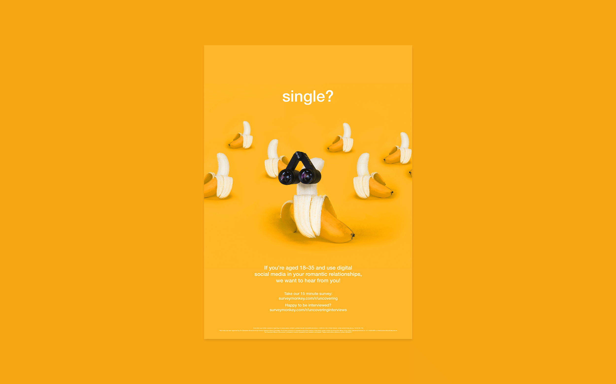 Poster of banana looking through binoculars on yellow background. Poster title reads 'dating?'.