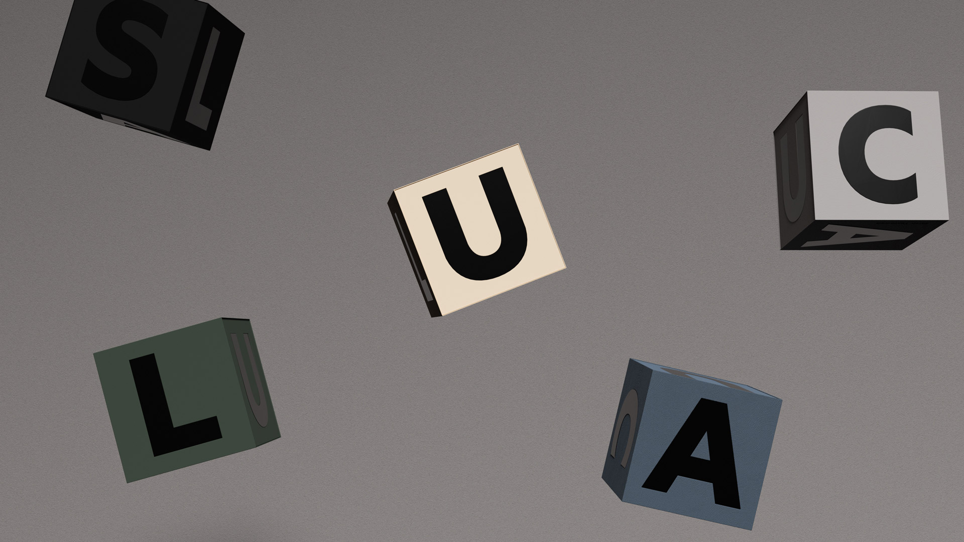 Five floating cubic boxes, each in a different muted colour and bearing large black letters. 