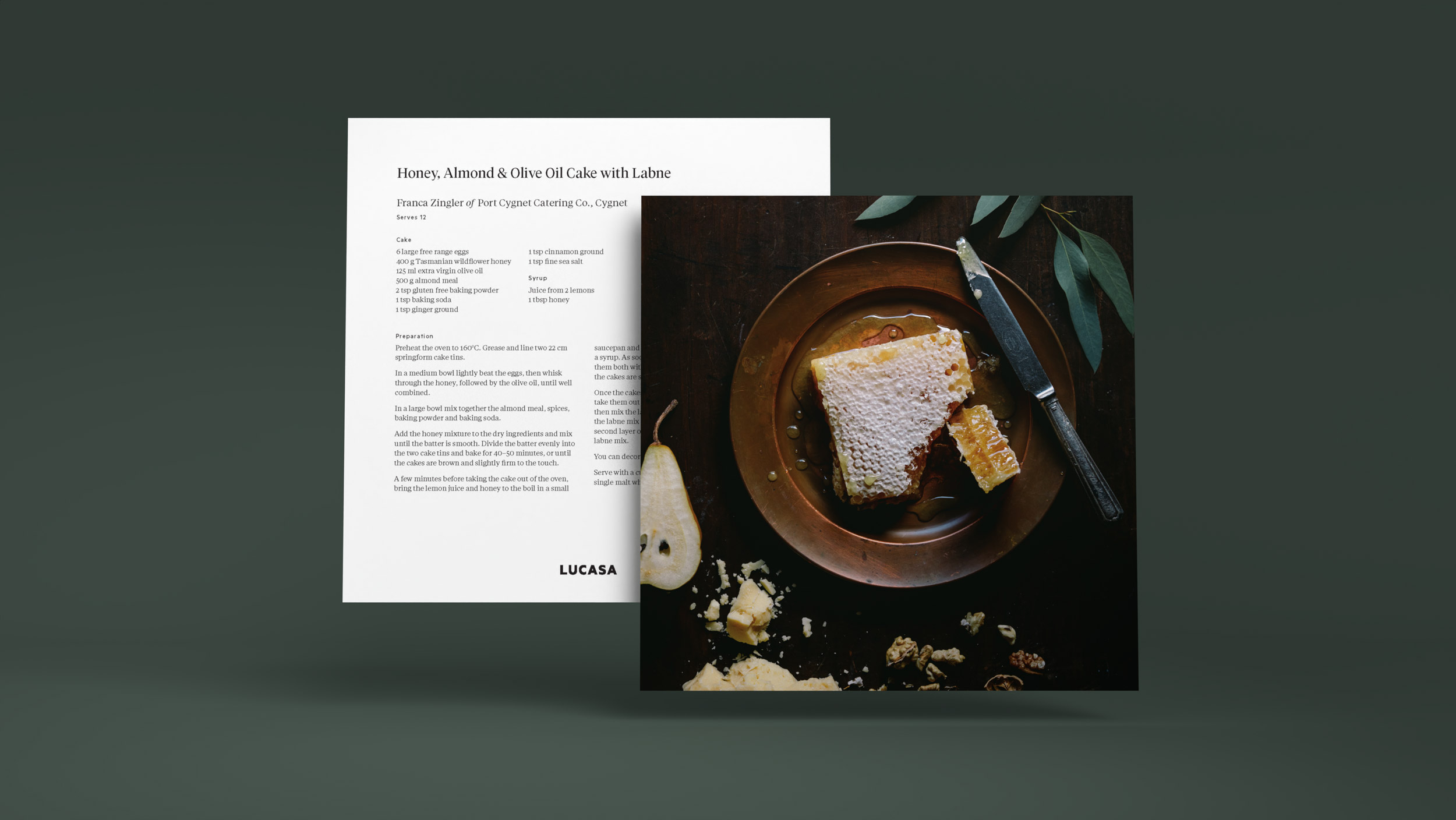 Two square cards against green background. One displays a recipe, the other honeycomb on a plate.