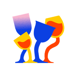illustration, 4 wine glasses in (L-R) pink to cyan gradient, yellow, cyan, and yellow and red.