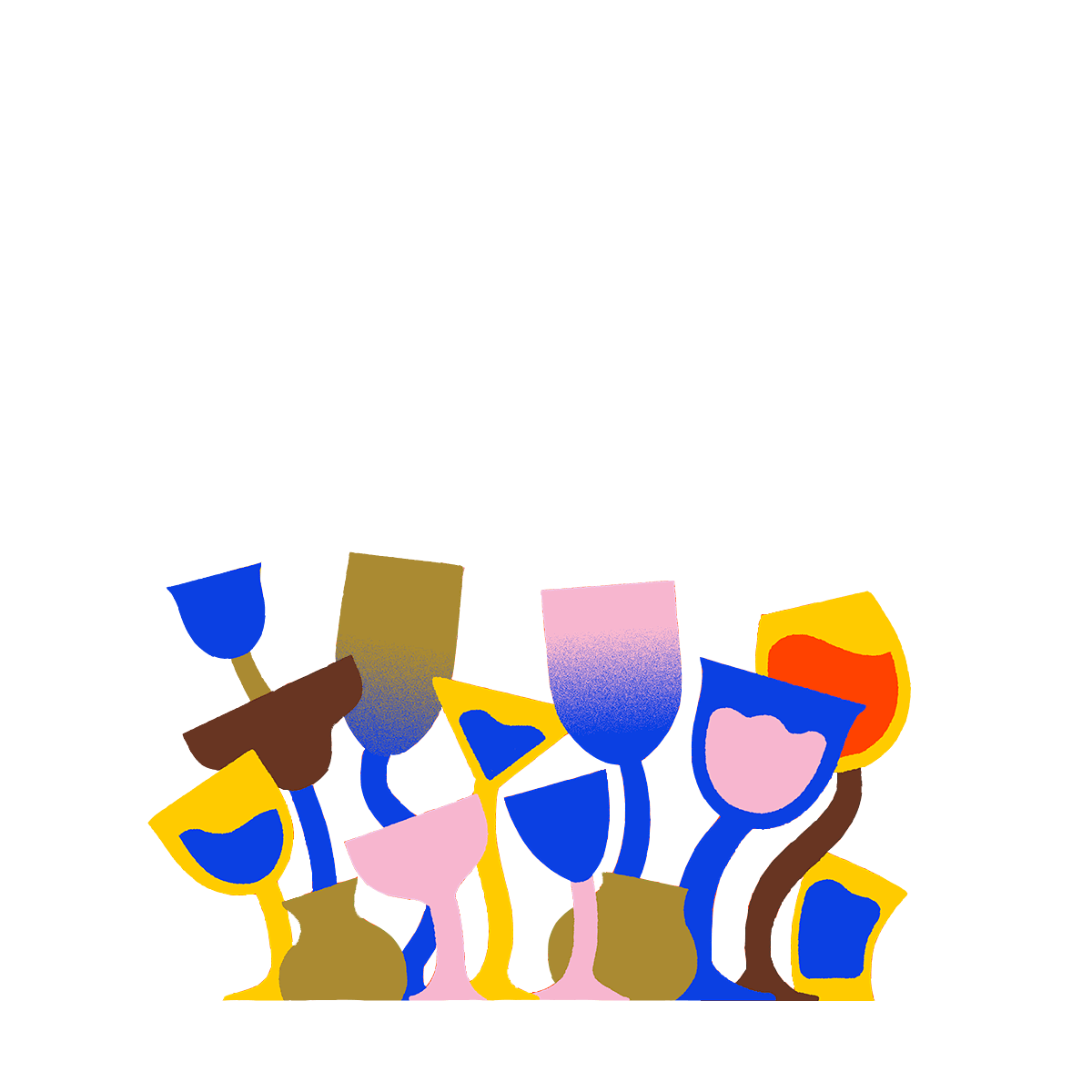illustration. triangular, round and tulip drink glasses in cyan, yellow, red, pink, brown and green.