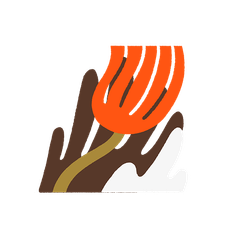 illustration. orange flower shaped in semi circle in front of rounded shapes in brown and white