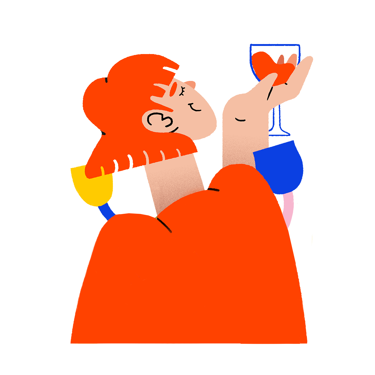 illustration. woman with red hair and red top rises from centre of drinks glasses with drink in hand