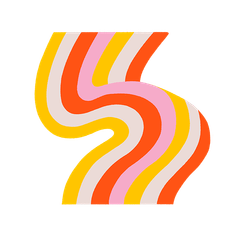 thick winding squiggle made of strips of colour in (left to right) yellow, white, red and pink).