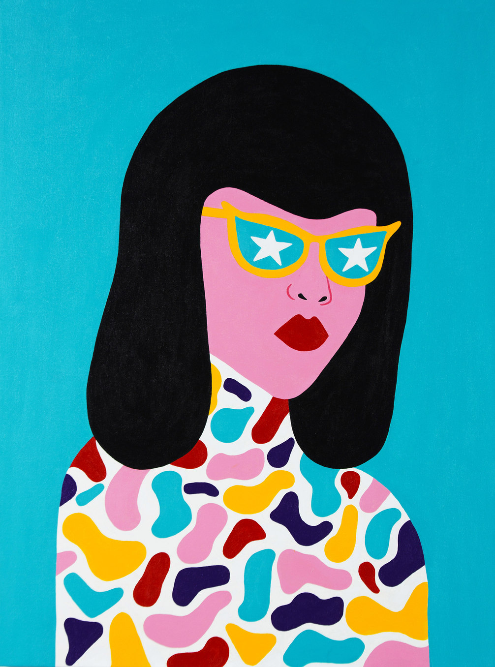 Illustration of a woman wearing colorful sunglasses