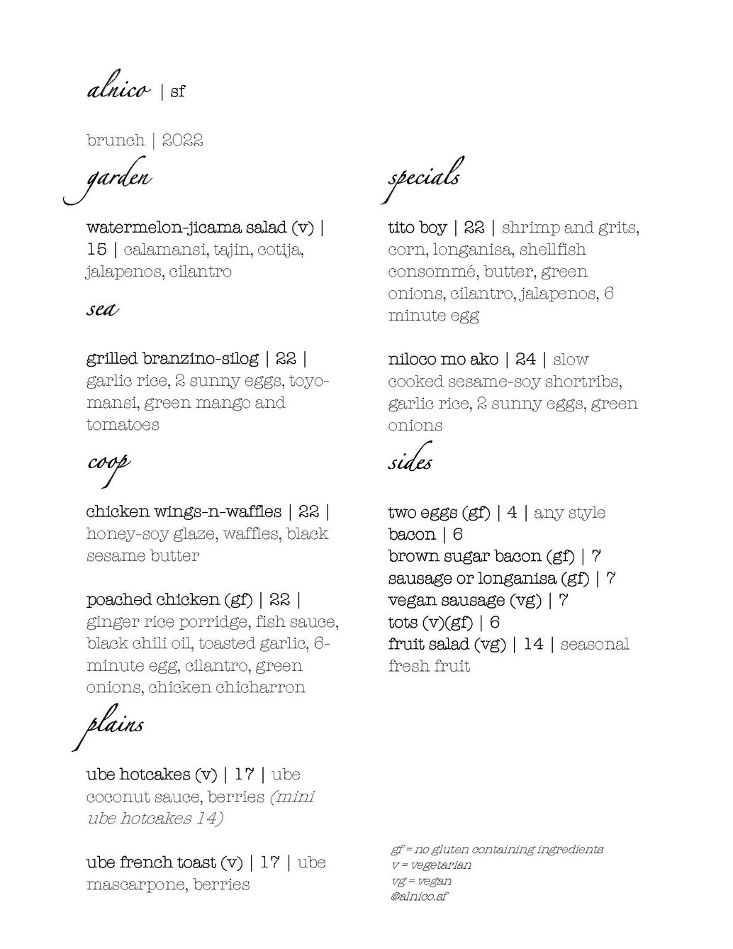 Alnico SF — Weekday Menu