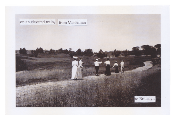 Black and white postcard of people walking in a meadow.